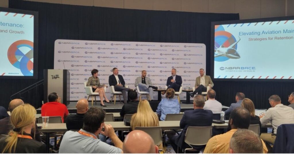 Aviation Mx Workforce article - Sheryl Barden and panelists from NBAA-BACE (l-r) Sheryl Barden, Andrew “A.J.” Cosgrove, Cobi Lane, Bill Hart, and Ed Chitren discuss how corporate flight departments can attract and retain maintenance technicians.